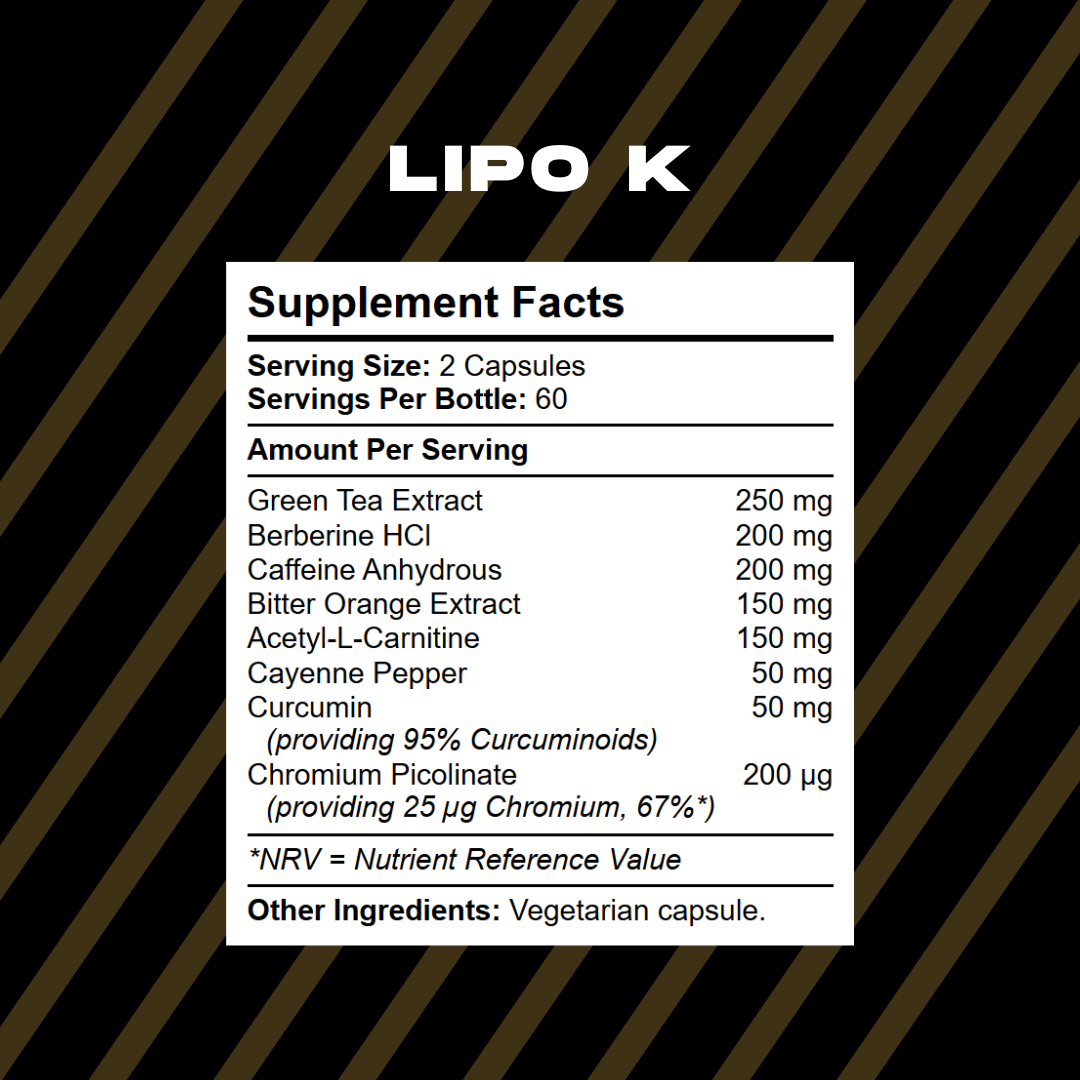 Supplement facts panel showing caffeine anhydrous, green tea extract, berberine HCl, acetyl-l-carnitine and chromium per serving