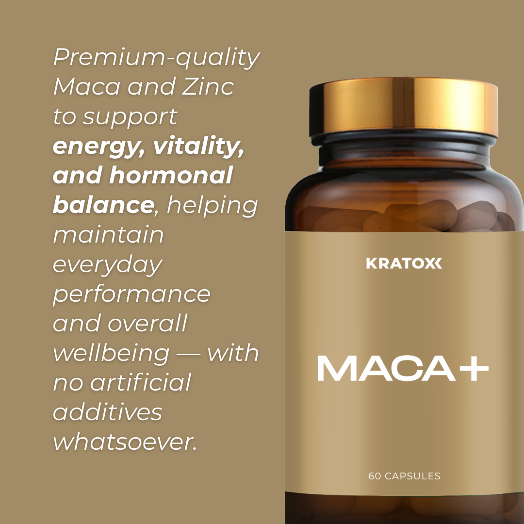 Maca+ by Kratox supporting hormone balance, energy, and vitality with concentrated maca and zinc