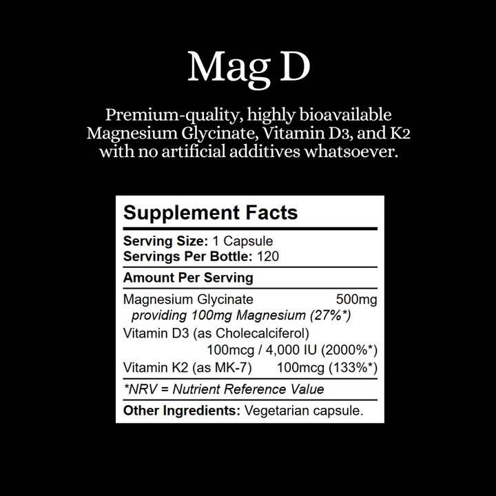MAG-D nutritional label — details of magnesium, vitamin D3 and serving size for the Kratox supplement.