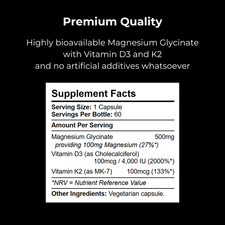 Supplement Facts panel for Kratox Mag D showing magnesium glycinate dosage and vitamin D3 IU per serving.
