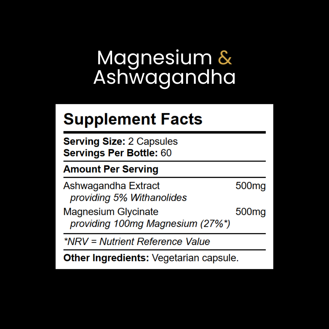Nutrition and ingredient breakdown for Kratox Magnesium + Ashwagandha — serving information and capsule composition.