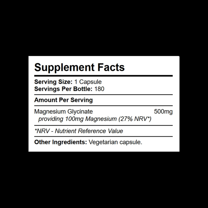 Ingredient and dosage breakdown for Kratox Magnesium Glycinate – high-absorption chelated magnesium formula.