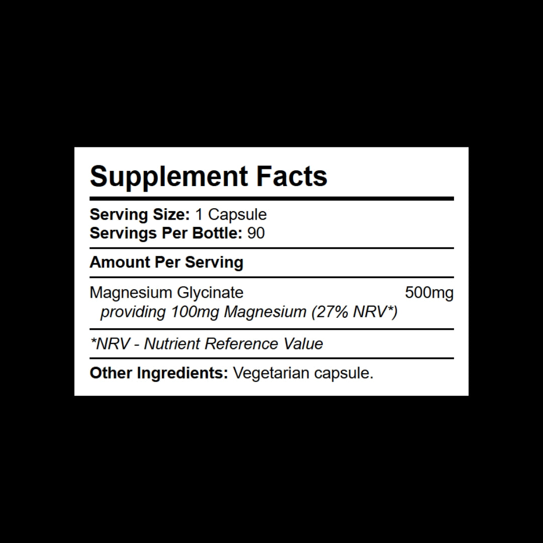 Supplement facts panel for Kratox Magnesium Glycinate showing elemental magnesium dosage per serving.
