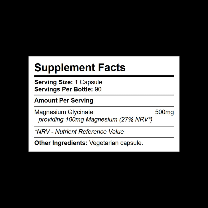 Supplement facts panel for Kratox Magnesium Glycinate showing elemental magnesium dosage per serving.
