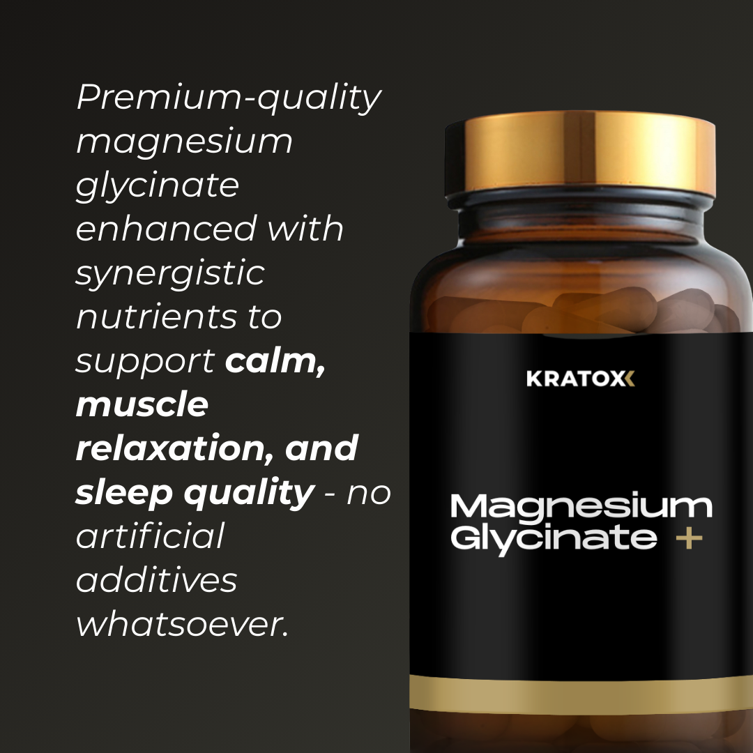 Premium-quality magnesium glycinate enhanced with synergistic nutrients to support calm, muscle relaxation, and sleep quality – no artificial additives whatsoever.