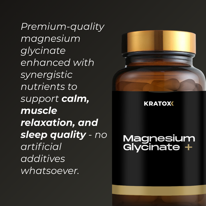 Premium-quality magnesium glycinate enhanced with synergistic nutrients to support calm, muscle relaxation, and sleep quality – no artificial additives whatsoever.