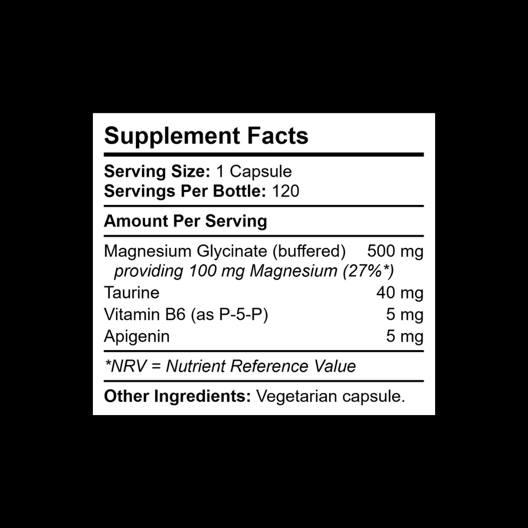 Supplement facts panel showing magnesium glycinate, taurine, apigenin and vitamin B6 per capsule
