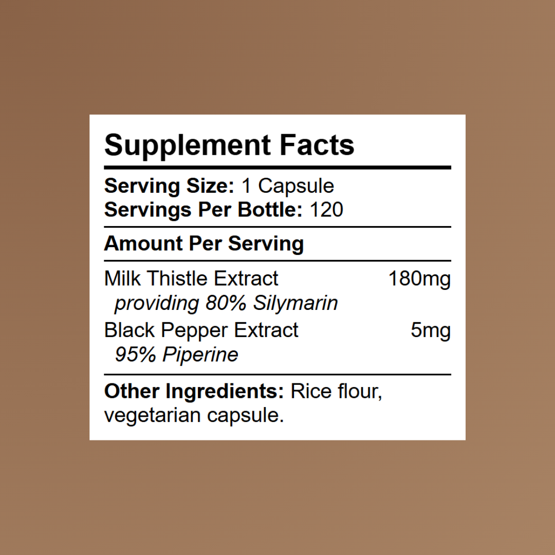 Kratox Milk Thistle supplement facts showing 180mg extract standardised to 80% silymarin with black pepper extract