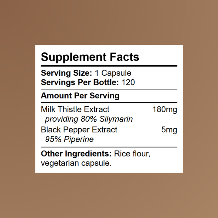 Kratox Milk Thistle supplement facts showing 180mg extract standardised to 80% silymarin with black pepper extract