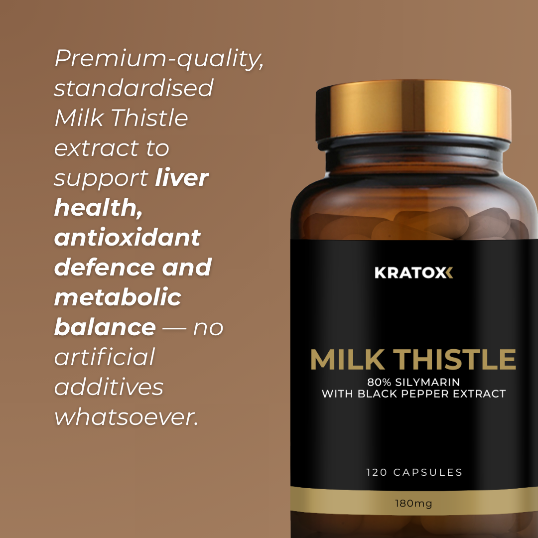 Premium-quality Milk Thistle extract standardised to 80% silymarin with black pepper — with no artificial fillers, binders, or preservatives