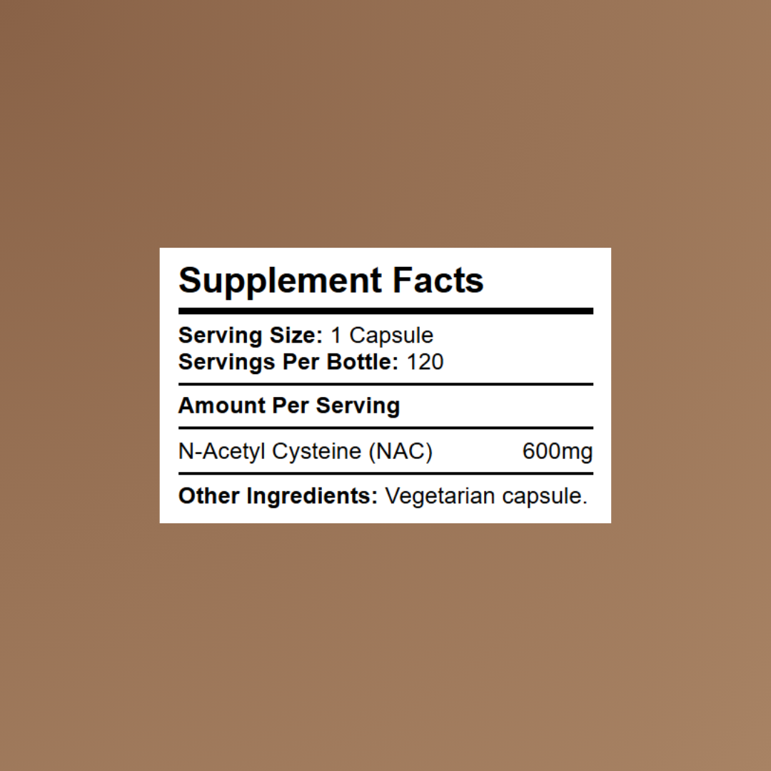 Supplement Facts panel showing N-acetyl-L-cysteine 600mg dosage and serving size details.