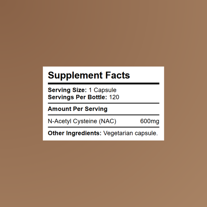 Supplement Facts panel showing N-acetyl-L-cysteine 600mg dosage and serving size details.