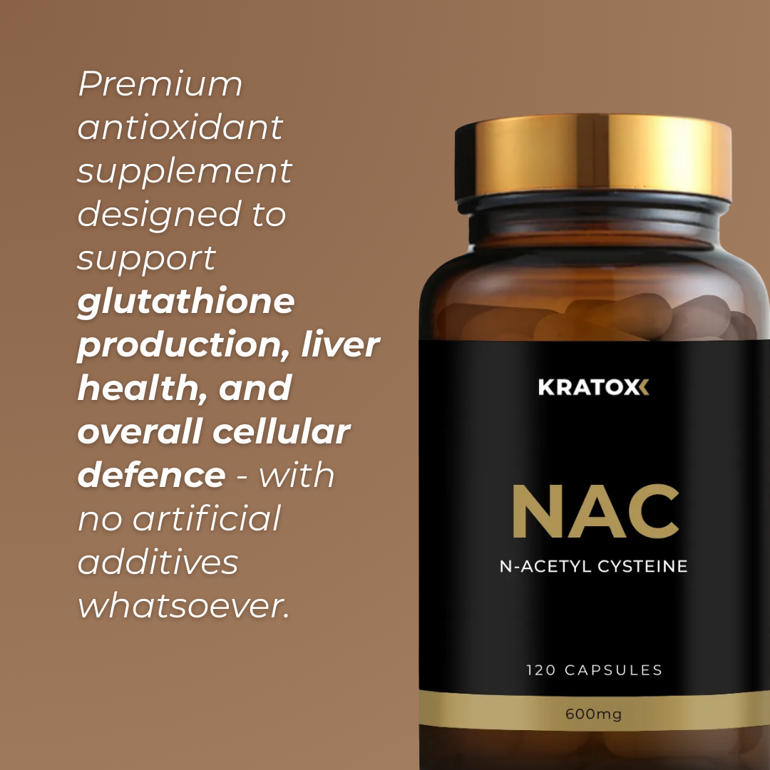 Premium antioxidant supplement designed to support glutathione production, liver health, and overall cellular defence with NAC, N-Acetyl Cysteine.