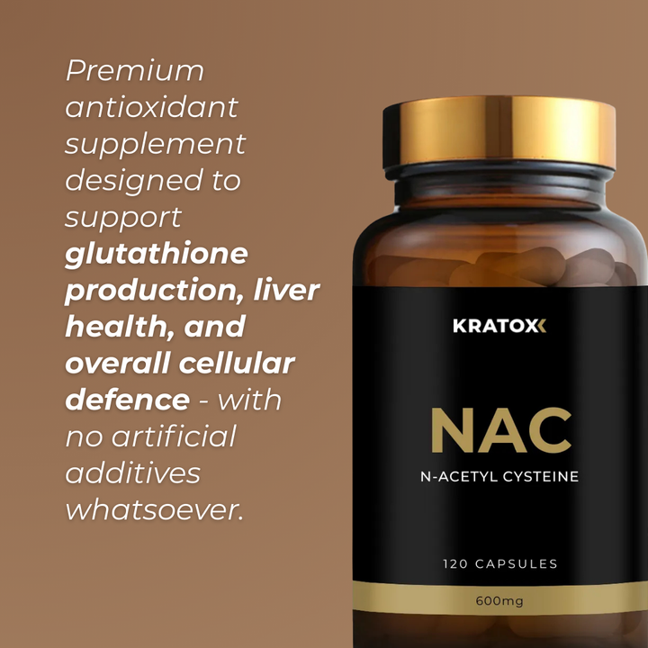 Premium antioxidant supplement designed to support glutathione production, liver health, and overall cellular defence with NAC, N-Acetyl Cysteine.