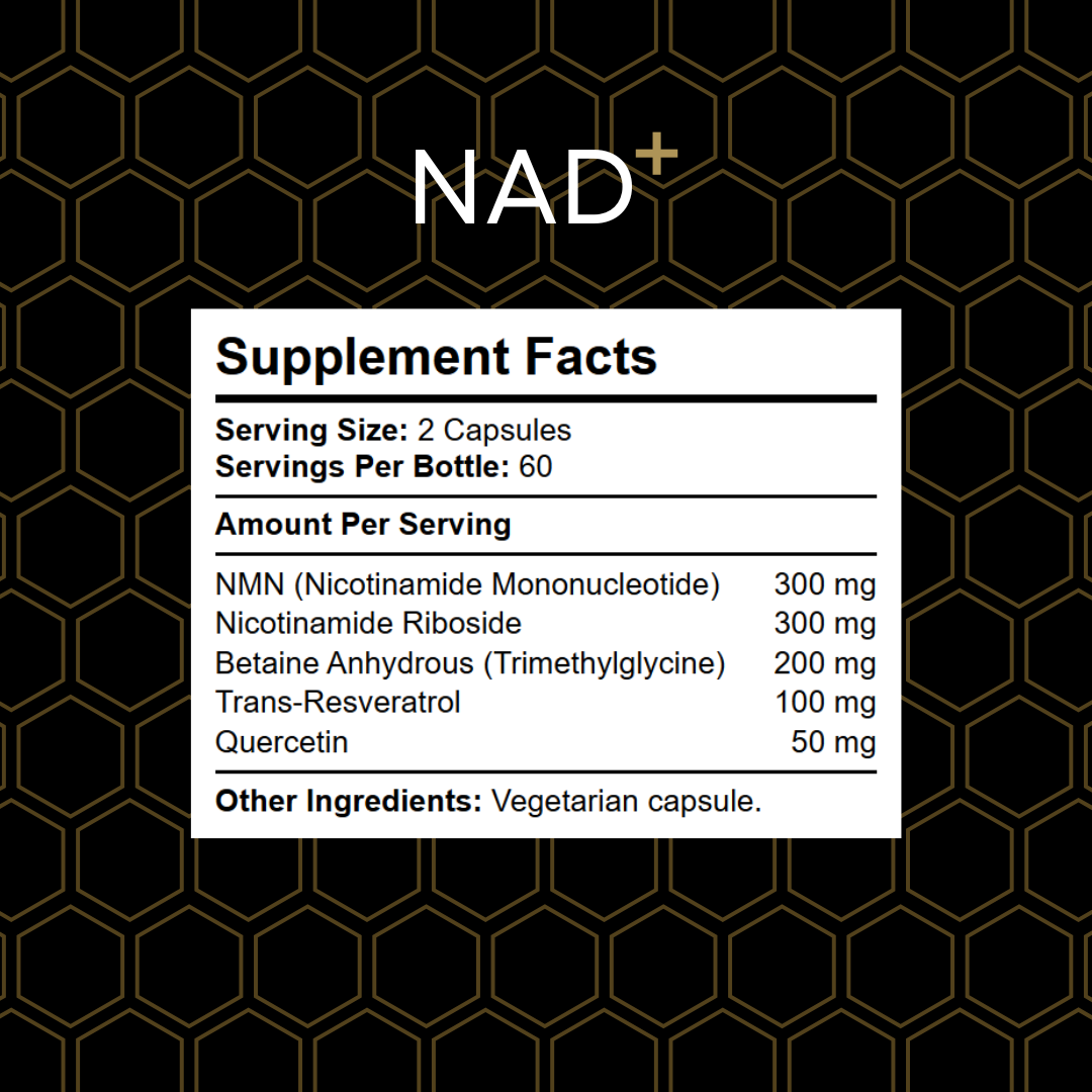 Supplement Facts panel for Kratox NAD showing ingredient amounts and serving size details.