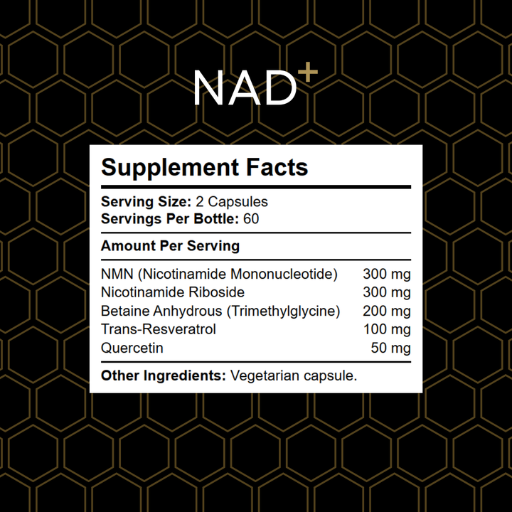 Supplement Facts panel for Kratox NAD showing ingredient amounts and serving size details.