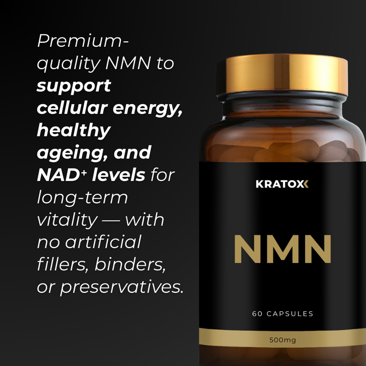 Premium-quality NMN to support cellular energy, healthy ageing, and NAD⁺ levels for long-term vitality — with no artificial fillers, binders, or preservatives.