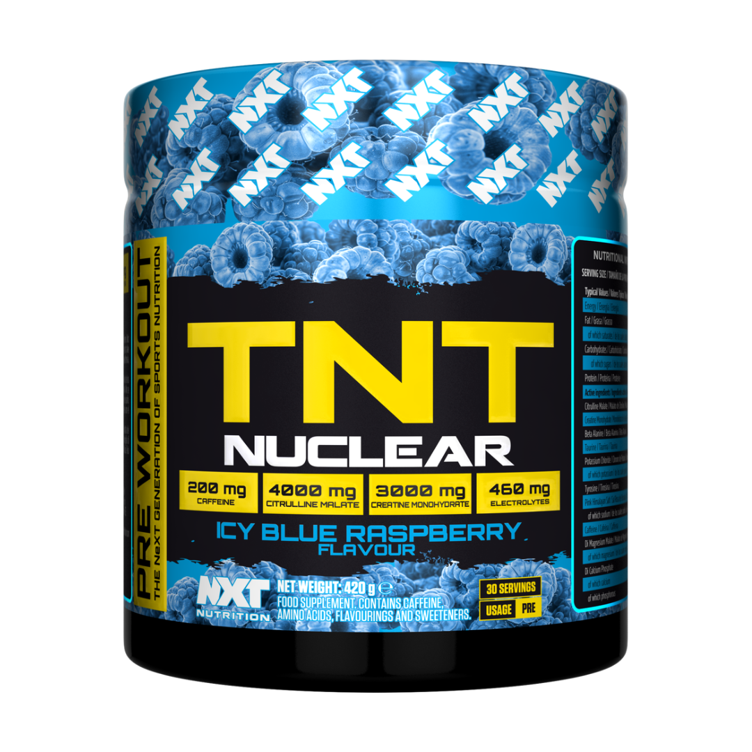 NXT Nuclear TNT pre-workout supplement in icy blue raspberry flavor
