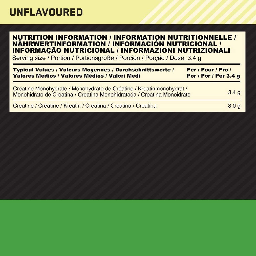 Ingredient and serving size information for ON Creatine powder – detailed supplement facts panel.