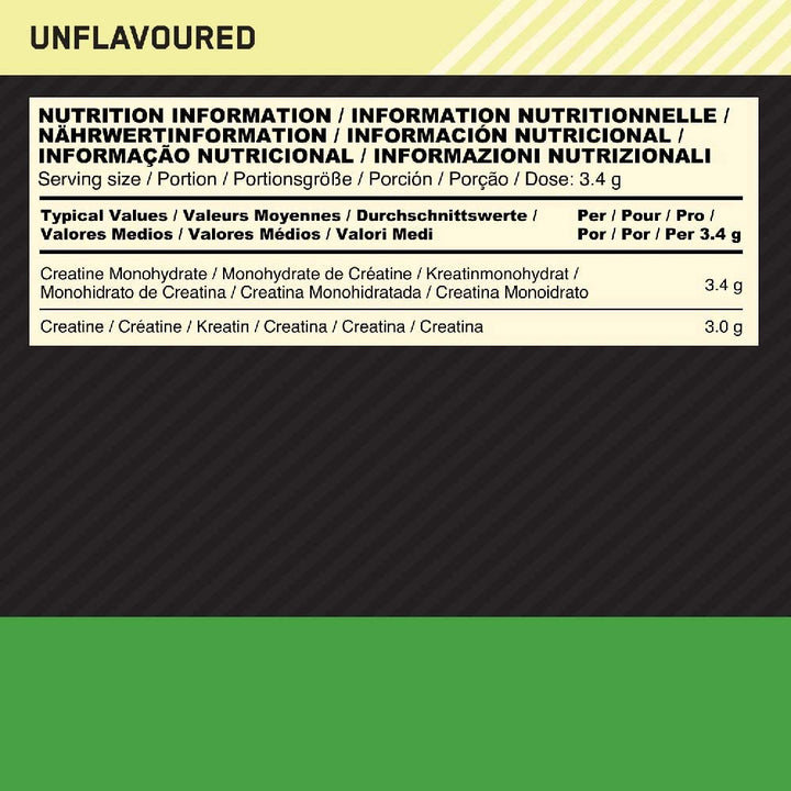Ingredient and serving size information for ON Creatine powder – detailed supplement facts panel.