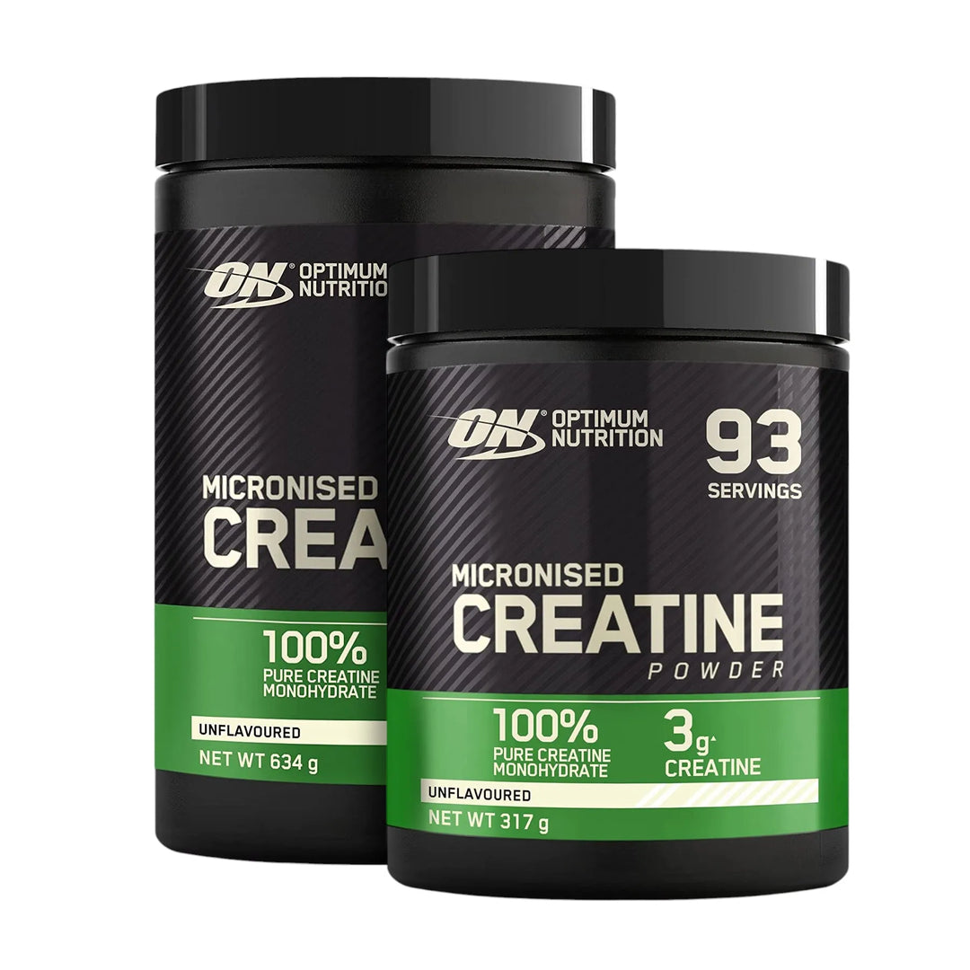 Two containers of Optimum Nutrition Creatine Monohydrate powder, one larger and one smaller with serving information.