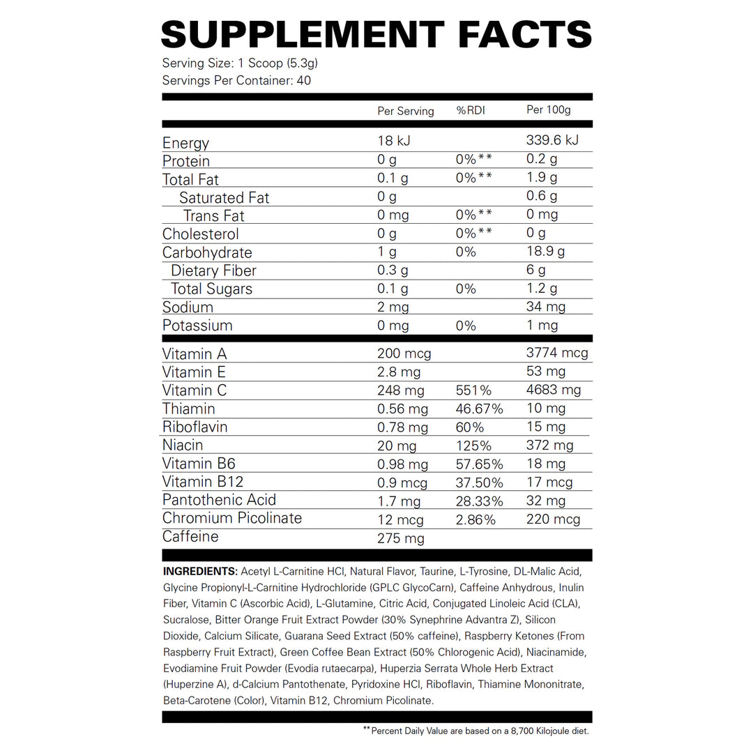 Oxyshred Hardcore Nutritional Information