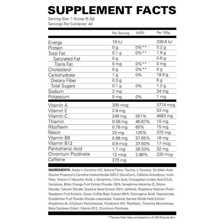 Oxyshred Hardcore Nutritional Information