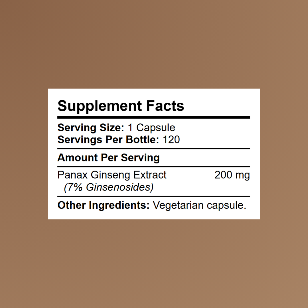 Kratox Panax Ginseng Supplement Facts panel showing 200mg extract standardised to 7% ginsenosides per capsule