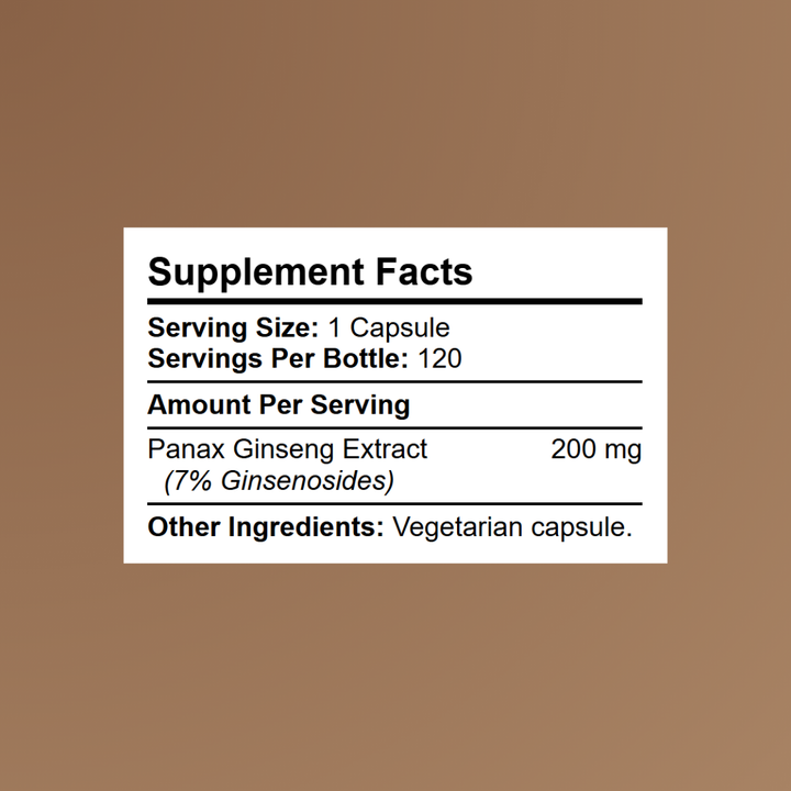 Kratox Panax Ginseng Supplement Facts panel showing 200mg extract standardised to 7% ginsenosides per capsule