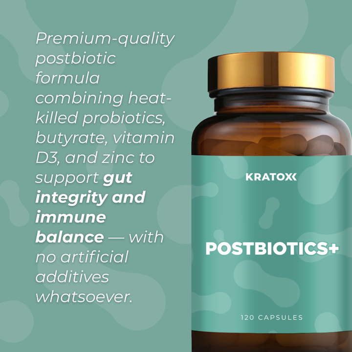 Premium-quality postbiotic formula combining heat-killed probiotics, butyrate, vitamin D3, and zinc to support gut integrity and immune balance — with no artificial fillers, binders, or preservatives.