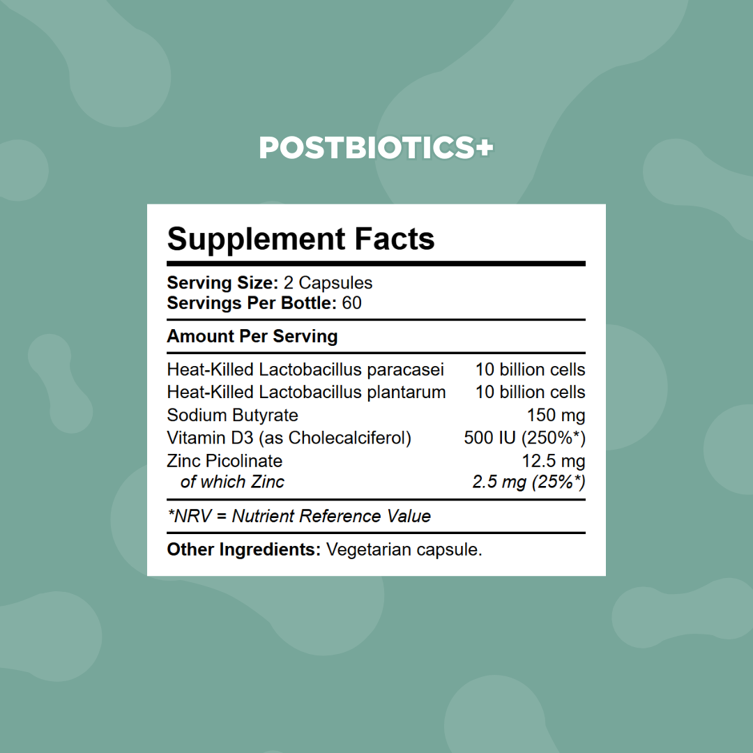 Supplement facts panel showing heat-killed Lactobacillus paracasei and plantarum, 150mg sodium butyrate, vitamin D3 and zinc per serving