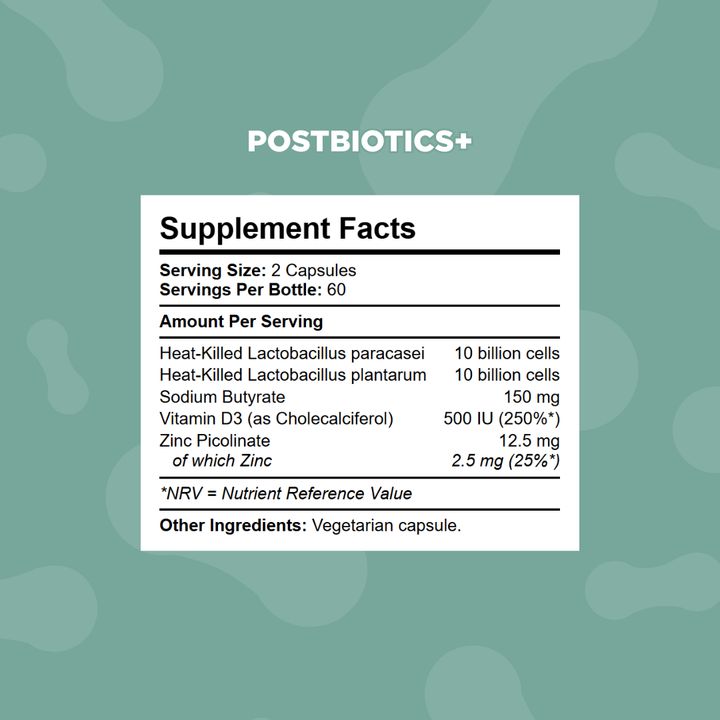 Supplement facts panel showing heat-killed Lactobacillus paracasei and plantarum, 150mg sodium butyrate, vitamin D3 and zinc per serving