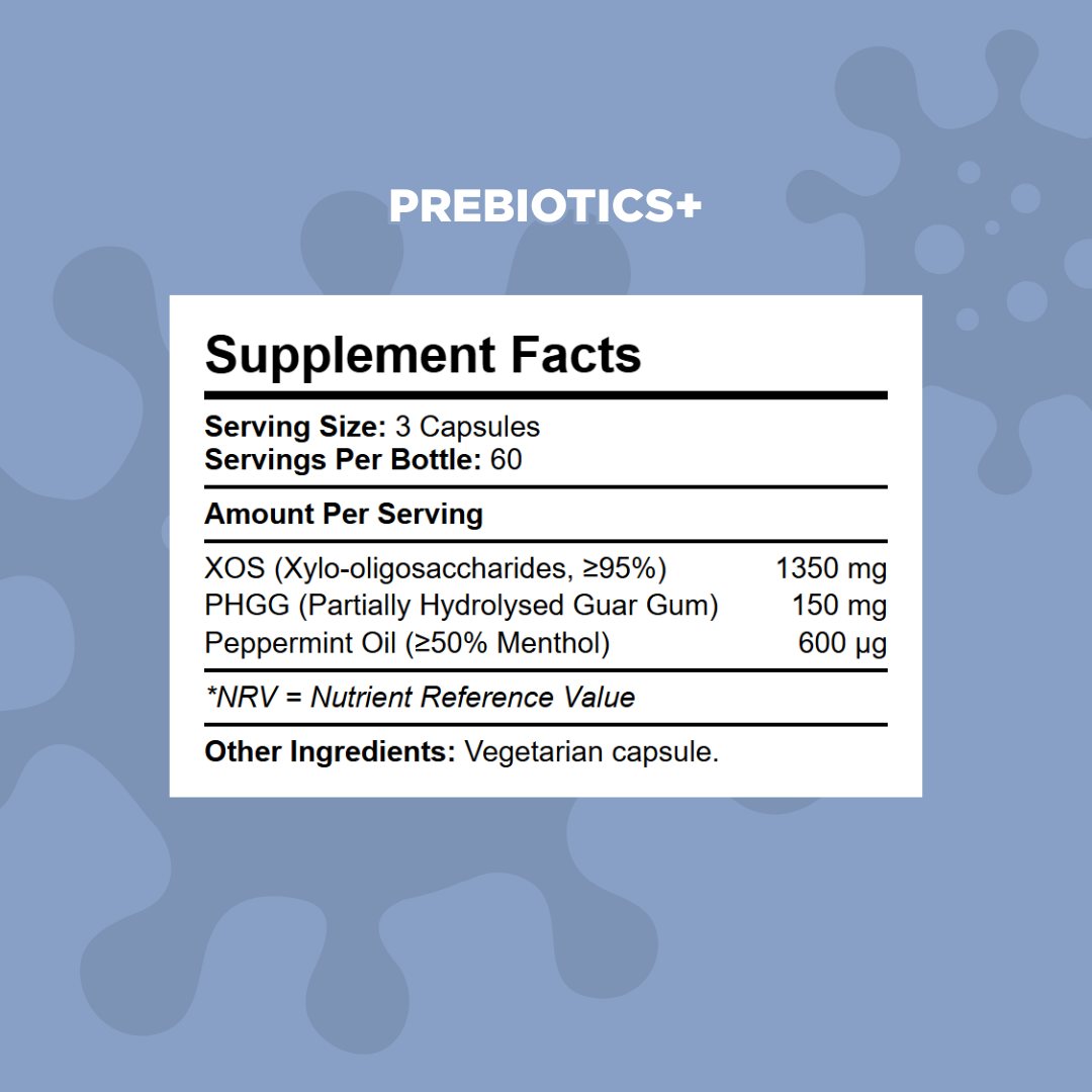 Kratox Prebiotics+ supplement facts panel showing XOS, PHGG fibre and peppermint oil per serving