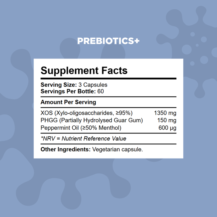 Kratox Prebiotics+ supplement facts panel showing XOS, PHGG fibre and peppermint oil per serving