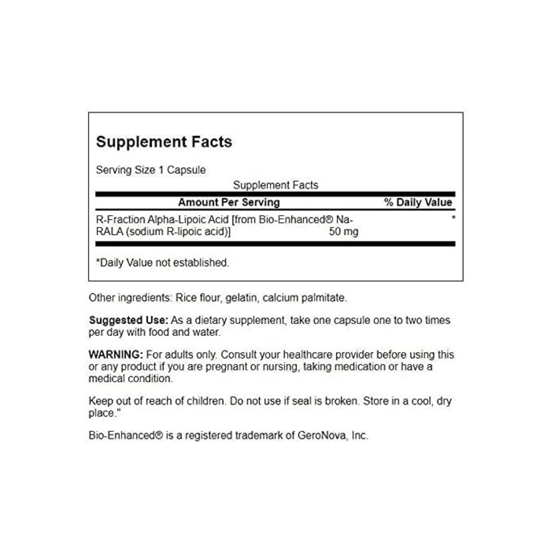 Supplement facts panel showing 50mg R-ALA dosage per capsule