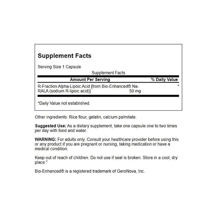 Supplement facts panel showing 50mg R-ALA dosage per capsule