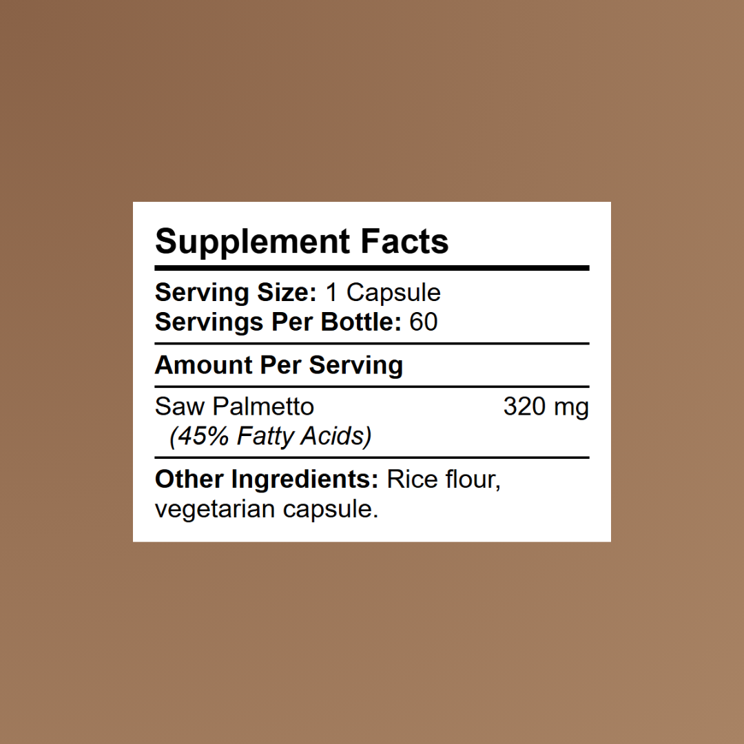 Kratox Saw Palmetto Supplement Facts panel showing 320mg extract standardised to 45% fatty acids per capsule