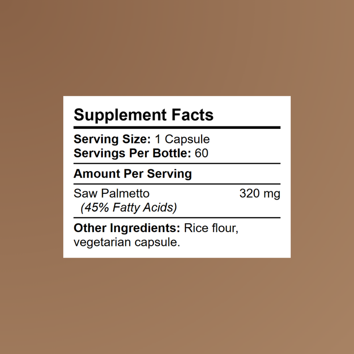 Kratox Saw Palmetto Supplement Facts panel showing 320mg extract standardised to 45% fatty acids per capsule