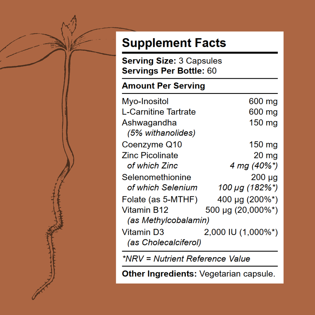 Kratox Seed supplement facts showing myo-inositol, L-carnitine, ashwagandha, CoQ10, zinc, selenium and B-vitamins
