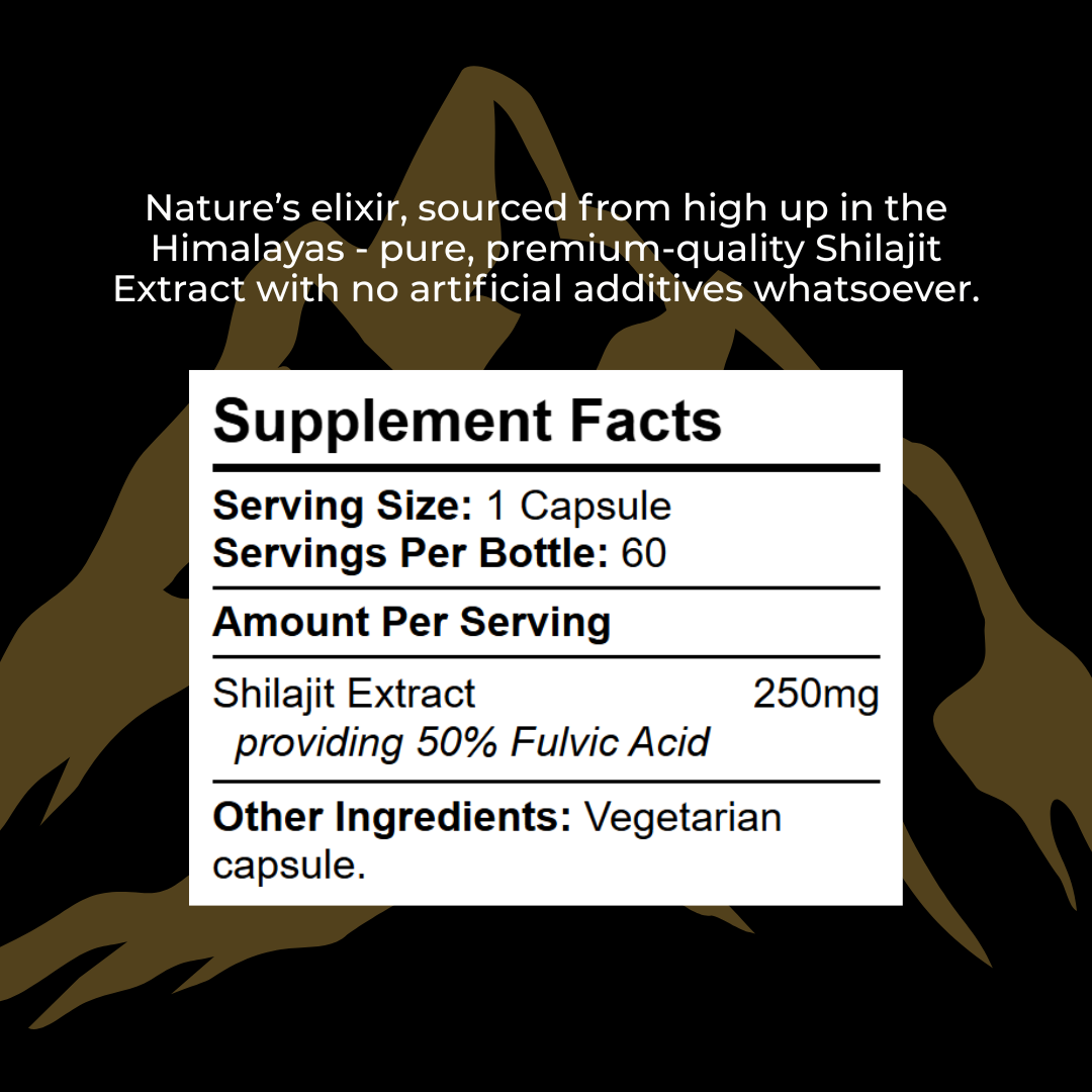 Supplement facts label for Shilajit Extract with mountain background