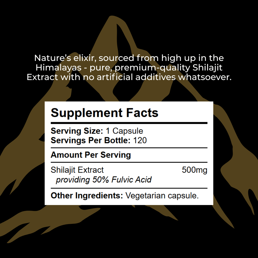 Ingredient and nutritional information for Shilajit supplement — serving size and composition details.