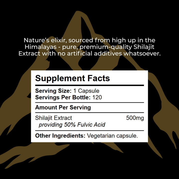 Ingredient and nutritional information for Shilajit supplement — serving size and composition details.