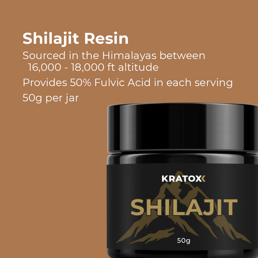 Shilajit Resin benefits graphic — supports energy production, mental clarity, immune function and antioxidant protection.  