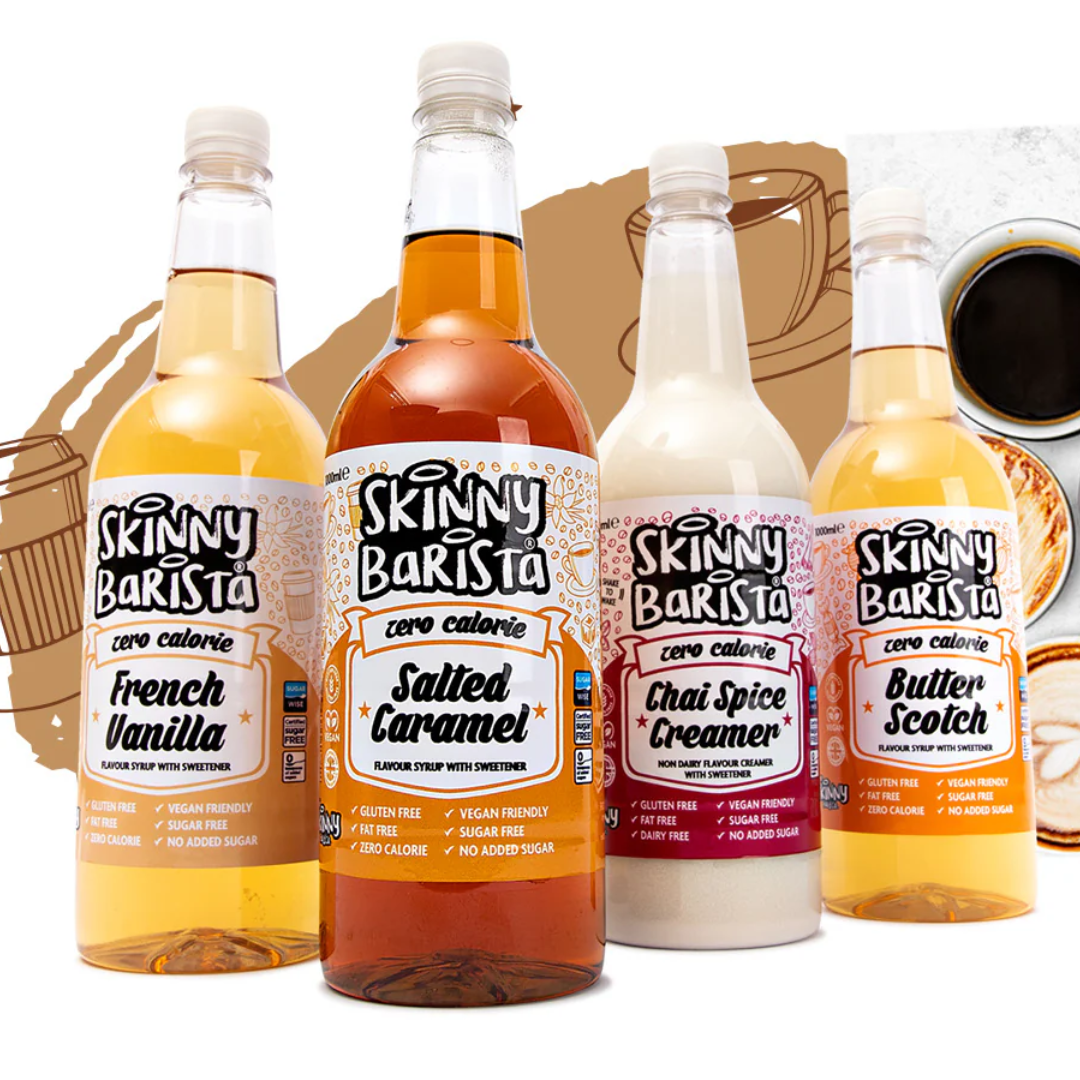 Four bottles of Skinny Barista syrup with labels for French Vanilla, Salted Caramel, and Butter Scotch.