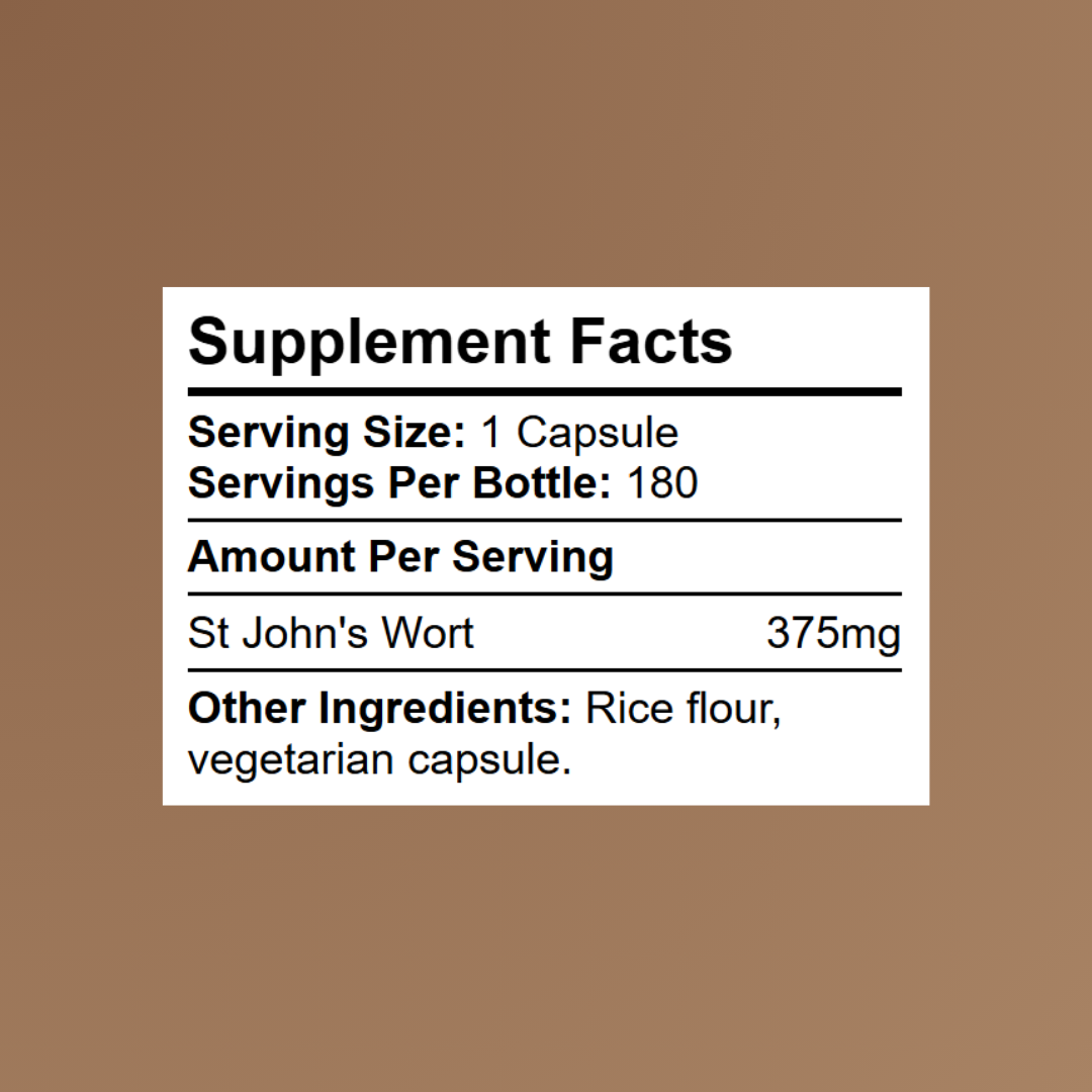 Kratox St John’s Wort supplement facts showing Hypericum perforatum extract 375mg per serving