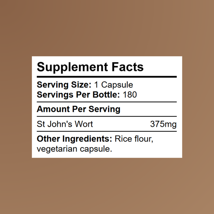 Kratox St John’s Wort supplement facts showing Hypericum perforatum extract 375mg per serving