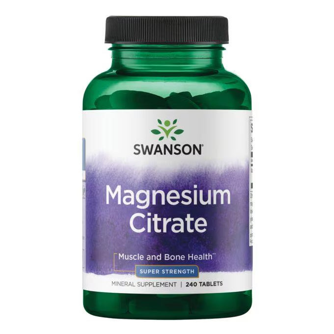 A bottle of Swanson brand Magnesium Citrate supplements with 240 tablets, emphasizing muscle and bone health.
