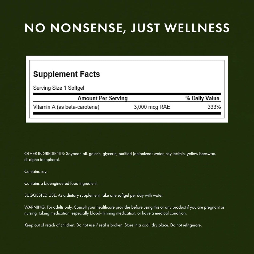 Beta carotene Vitamin A supplement in easy-to-swallow softgels for reliable daily antioxidant support - 10,000 IU / 3,000 mcg