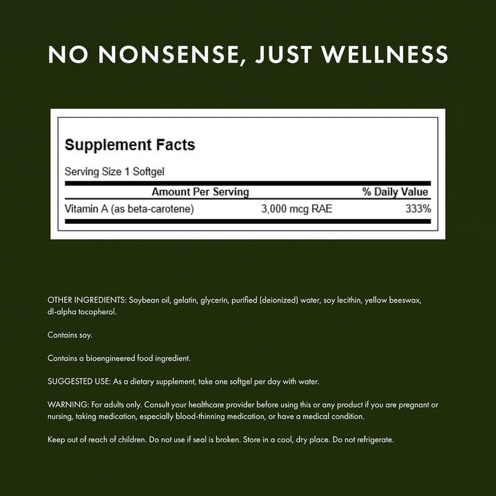 Beta carotene Vitamin A supplement in easy-to-swallow softgels for reliable daily antioxidant support - 10,000 IU / 3,000 mcg