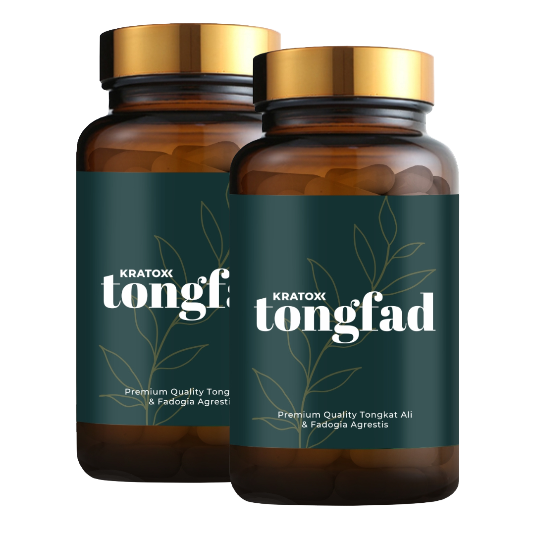 Kratox TongFad supplement bottle — herbal testosterone-support blend with Tongkat Ali root, Fadogia Agrestis extract and black pepper for absorption.